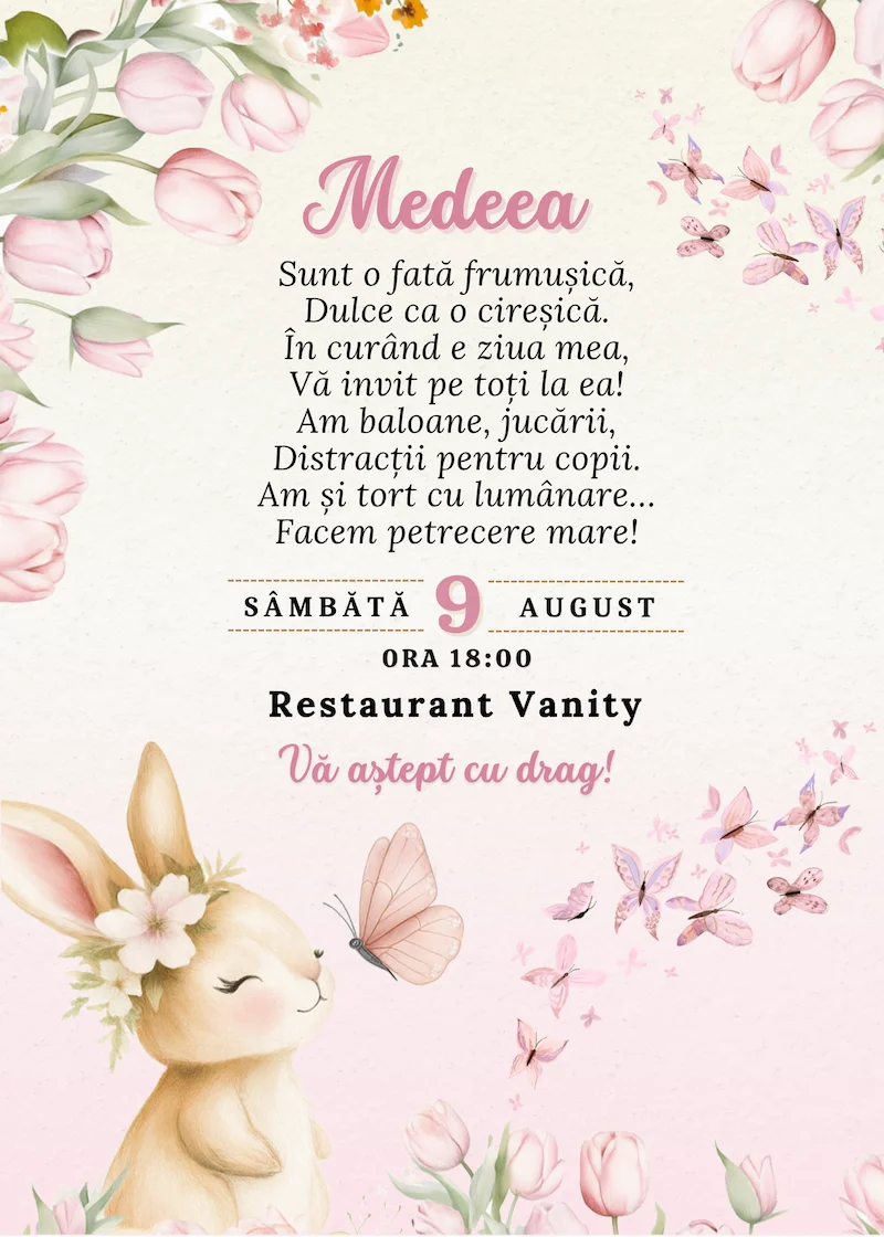 invitatie digitala zi de nastere tematica iepuras si flori