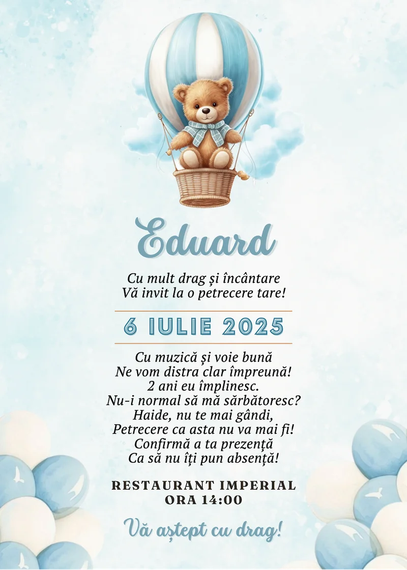 invitatie digitala zi de nastere ursulet si balon cu aer cald