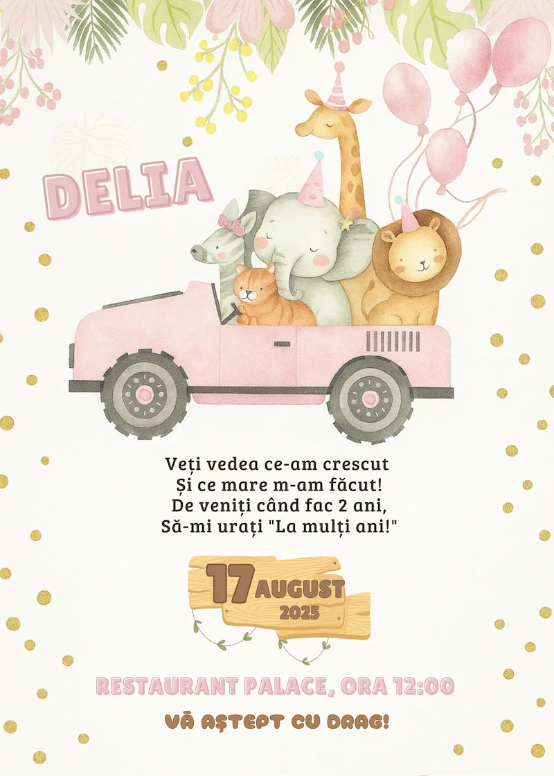 invitatie digitala zi de nastere fetita safari
