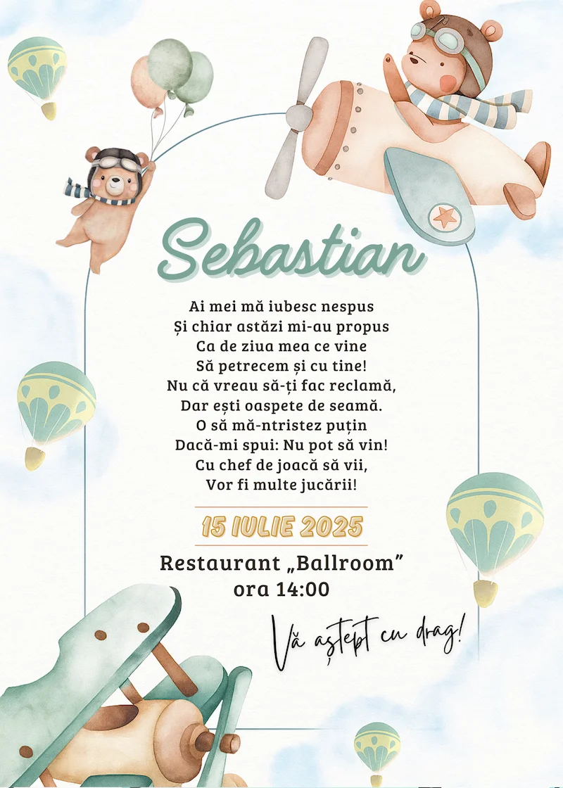 invitatie digitala zi de nastere tematica zbor