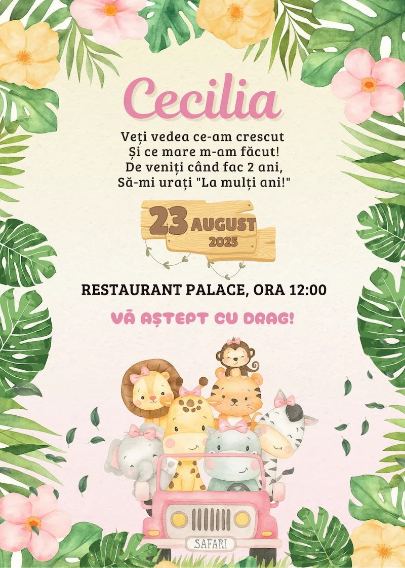 invitatie digitala zi de nastere safari fetita