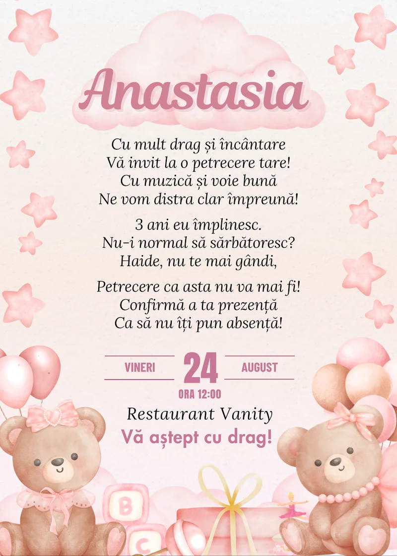 invitatie digitala zi de nastere tematica jucarii de plus