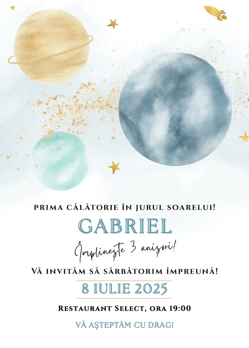 invitatie digitala zi de nastere tematica zbor planete
