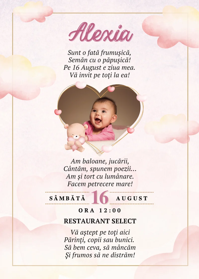 invitatie digitala zi de nastere nori si inimi