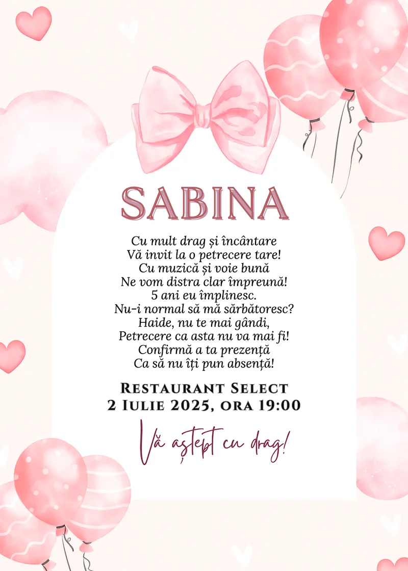 invitatie digitala zi de nastere bant si baloane fetita
