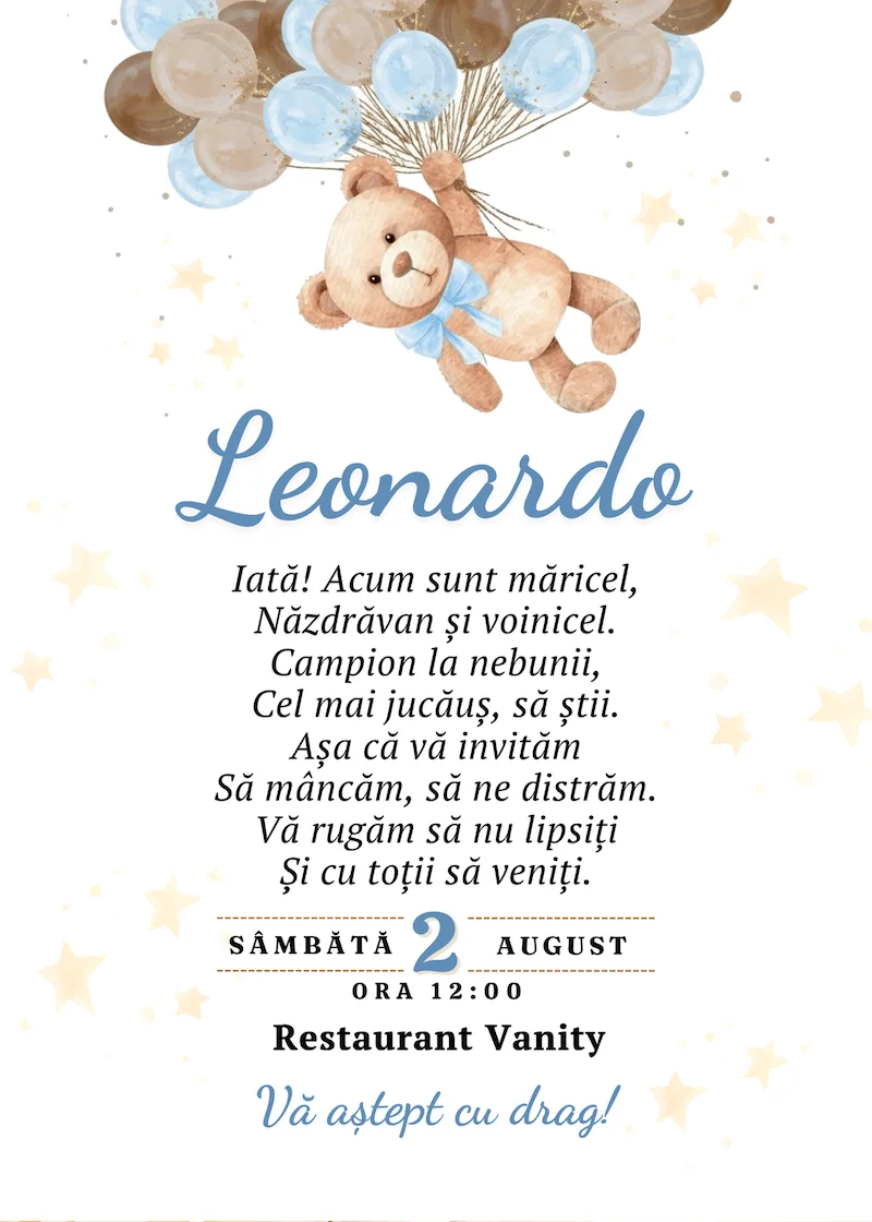 invitatie digitala zi de nastere ursulet cu baloane