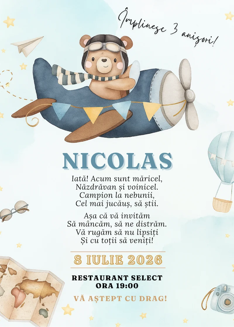 invitatie digitala zi de nastere tematica zbor avion