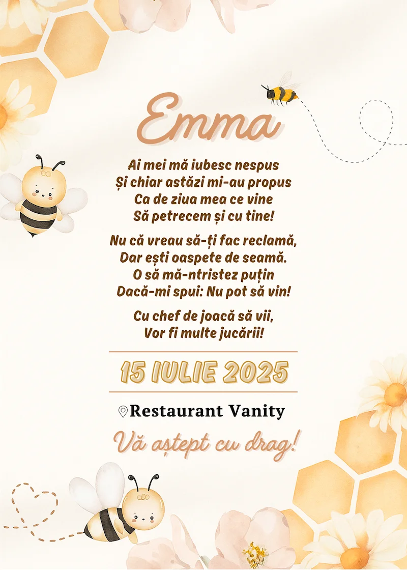 invitatie digitala zi de nastere tematica albinuta