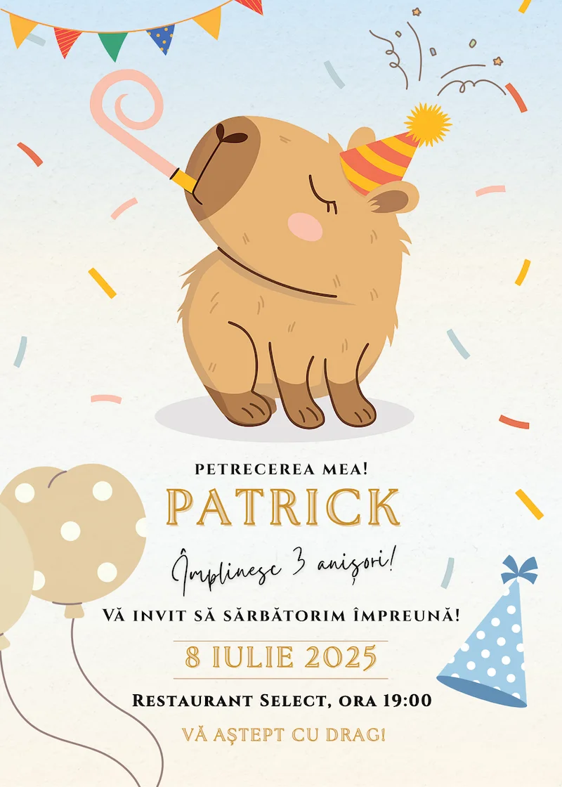 invitatie digitala zi de nastere tematica capibara