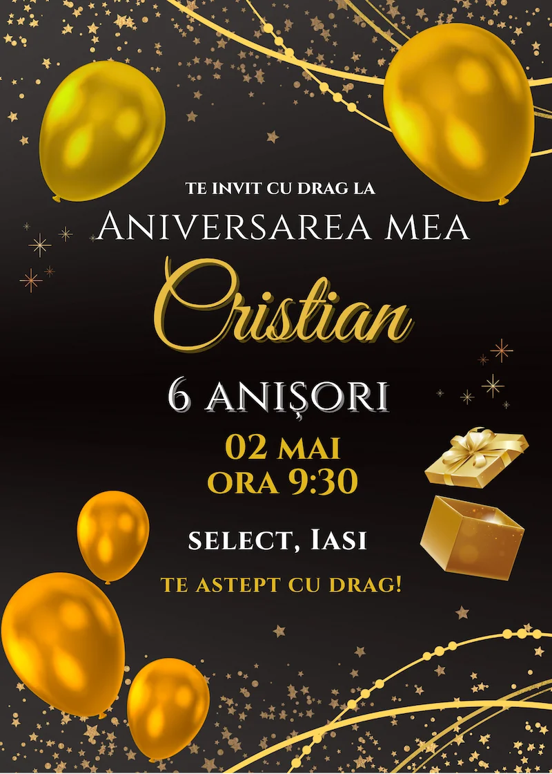 invitatie digitala zi de nastere tematica gold