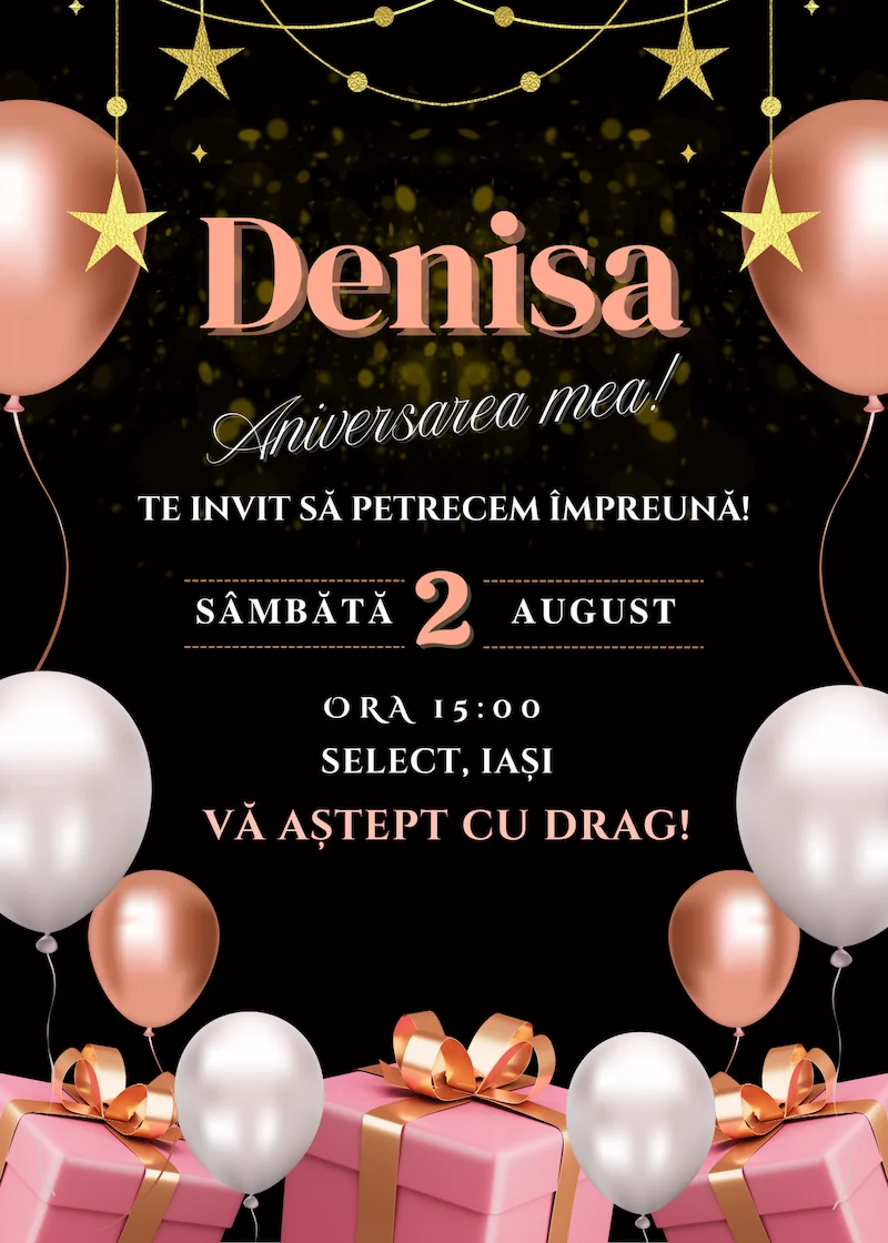 invitatie digitala zi de nastere tematica rose gold