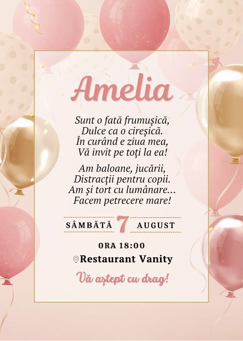 invitatie digitala zi de nastere baloane roz