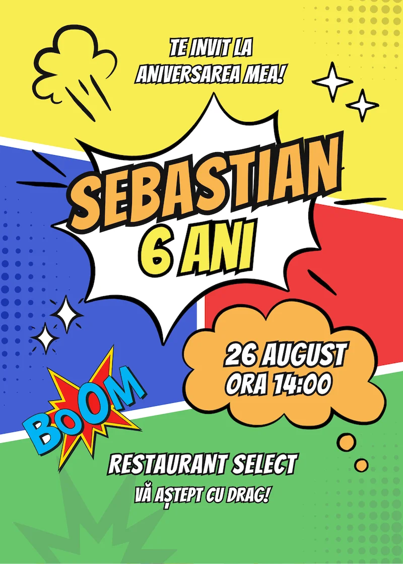invitatie digitala zi de nastere tematica comics
