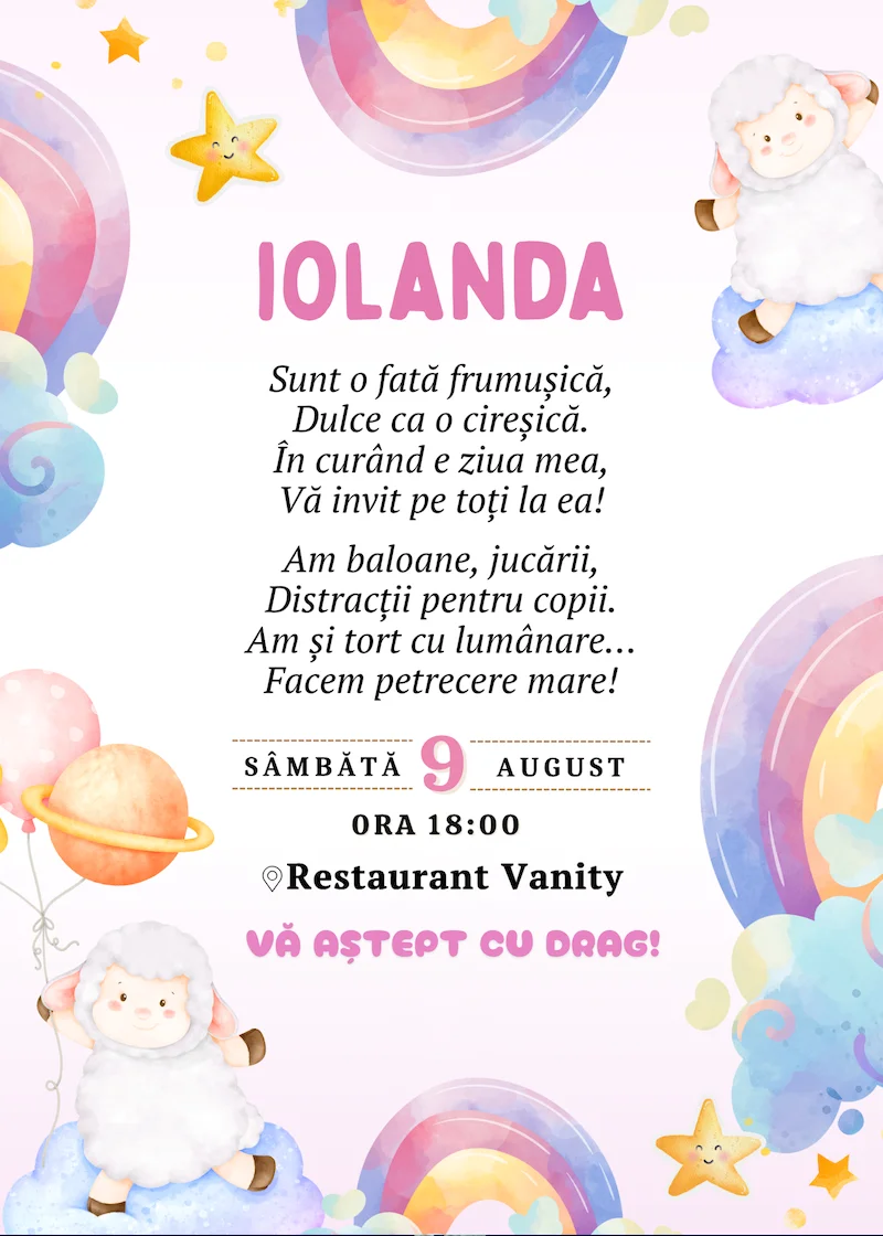 invitatie digitala zi de nastere tematica doly si curcubeu