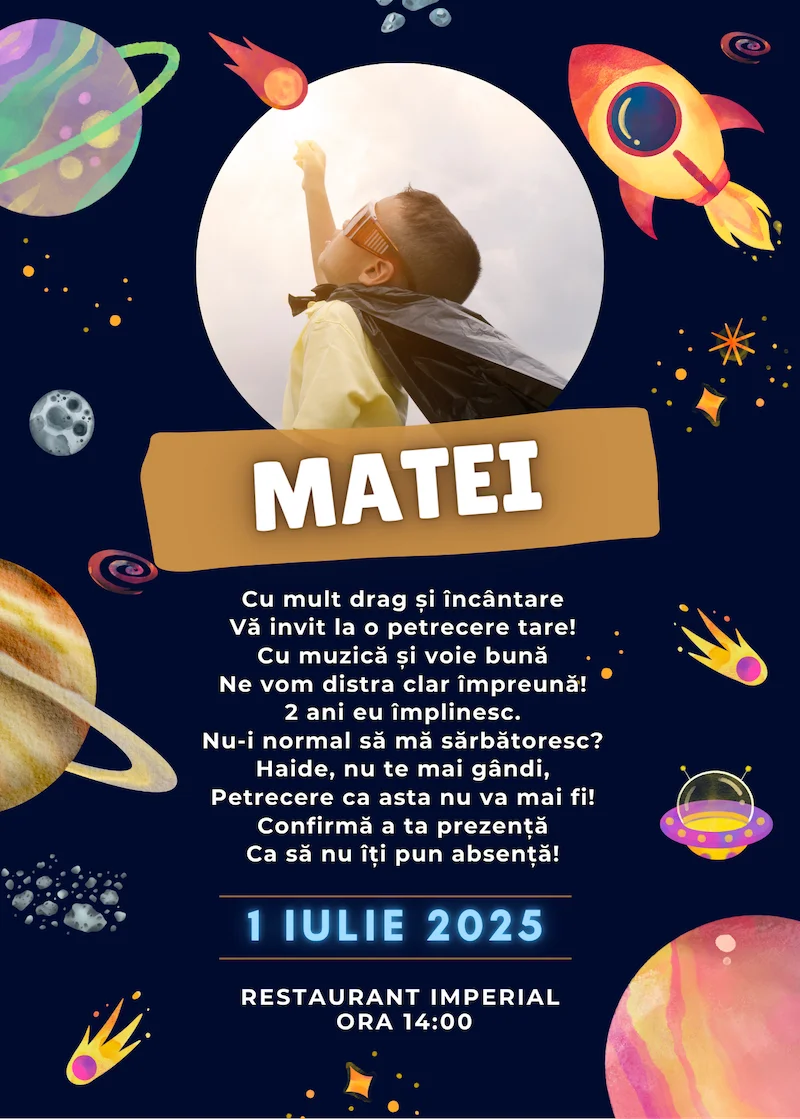 invitatie digitala zi de nastere racheta si cosmos