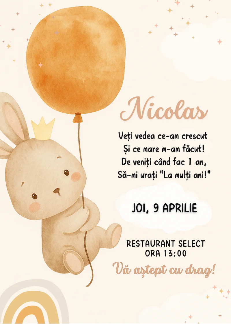 invitatie digitala zi de nastere tematica iepuras si balon