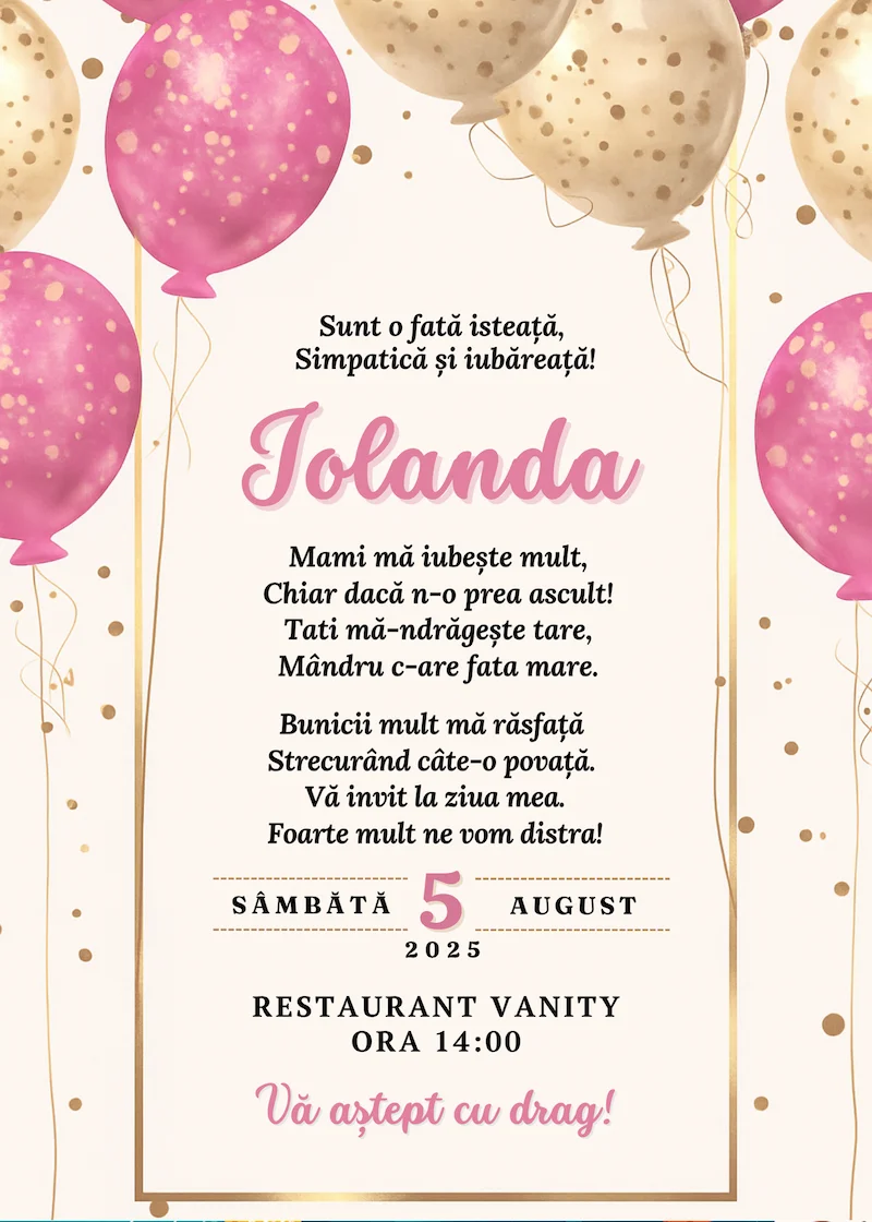 invitatie digitala zi de nastere baloane roz si auriu