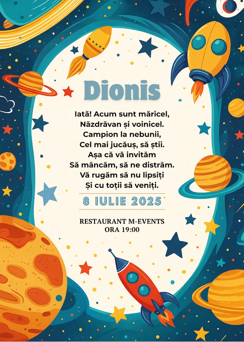 invitatie digitala zi de nastere racheta si planete