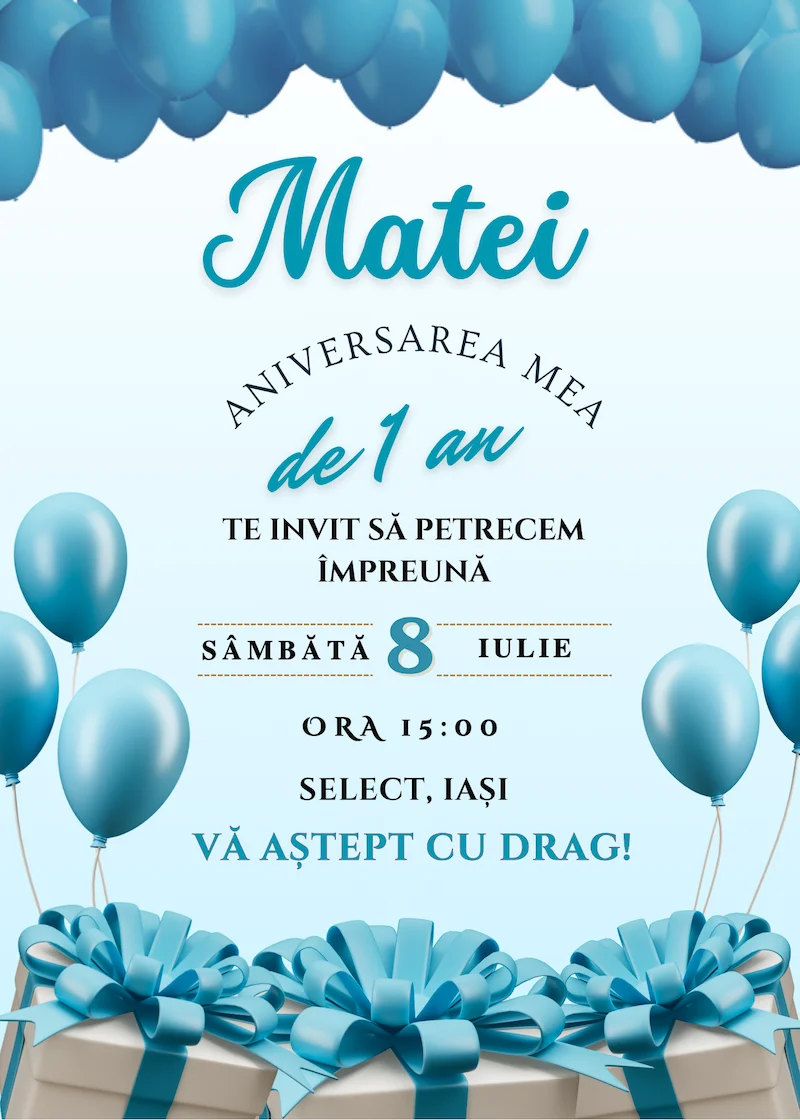 invitatie digitala zi de nastere baloane si cadouri