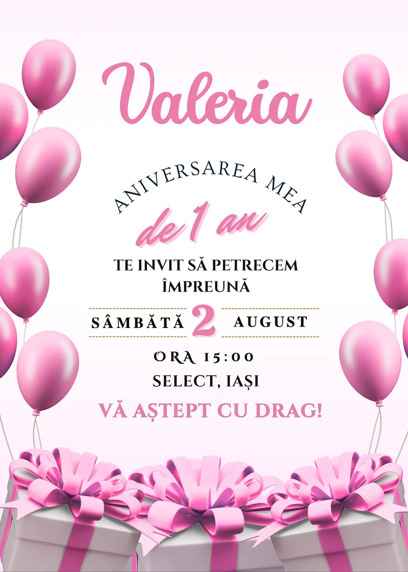invitatie digitala zi de nastere baloane si cadouri roz