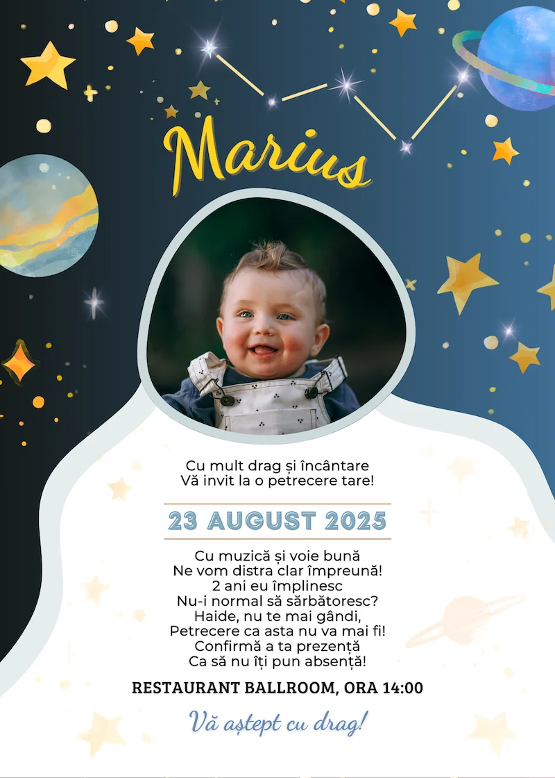 invitatie digitala zi de nastere cosmos si astronaut