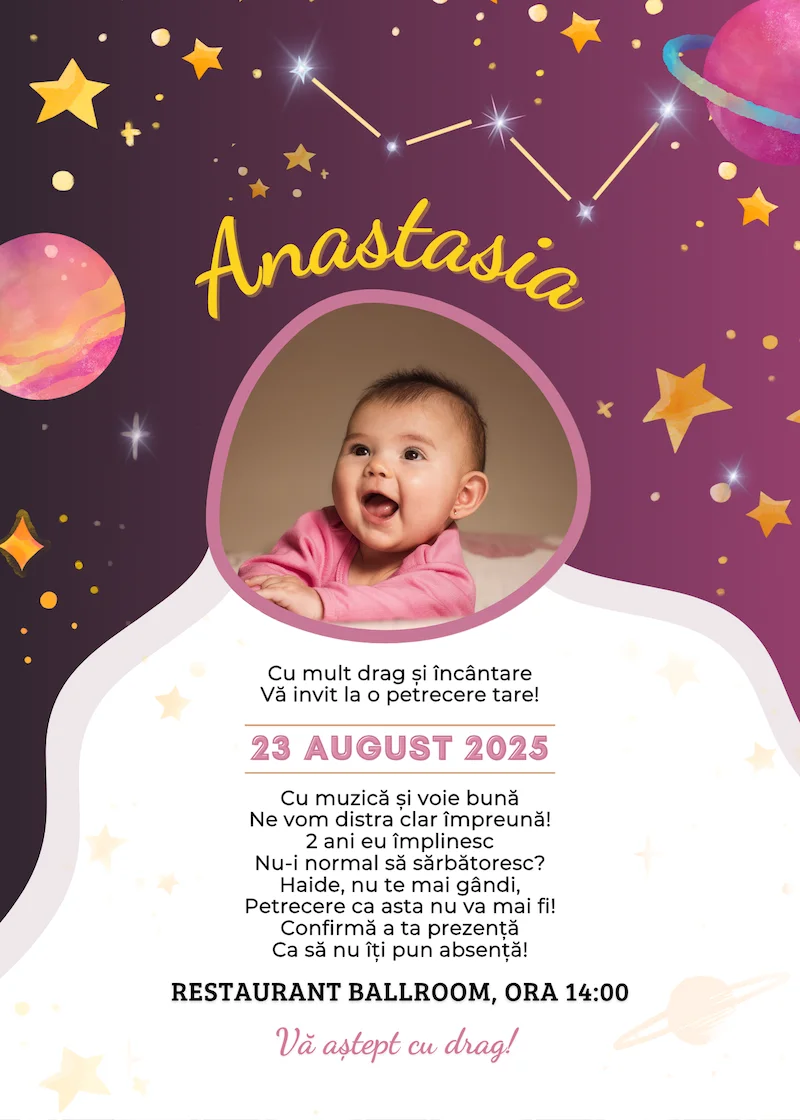 invitatie digitala zi de nastere tematica cosmos si constelatii zodii