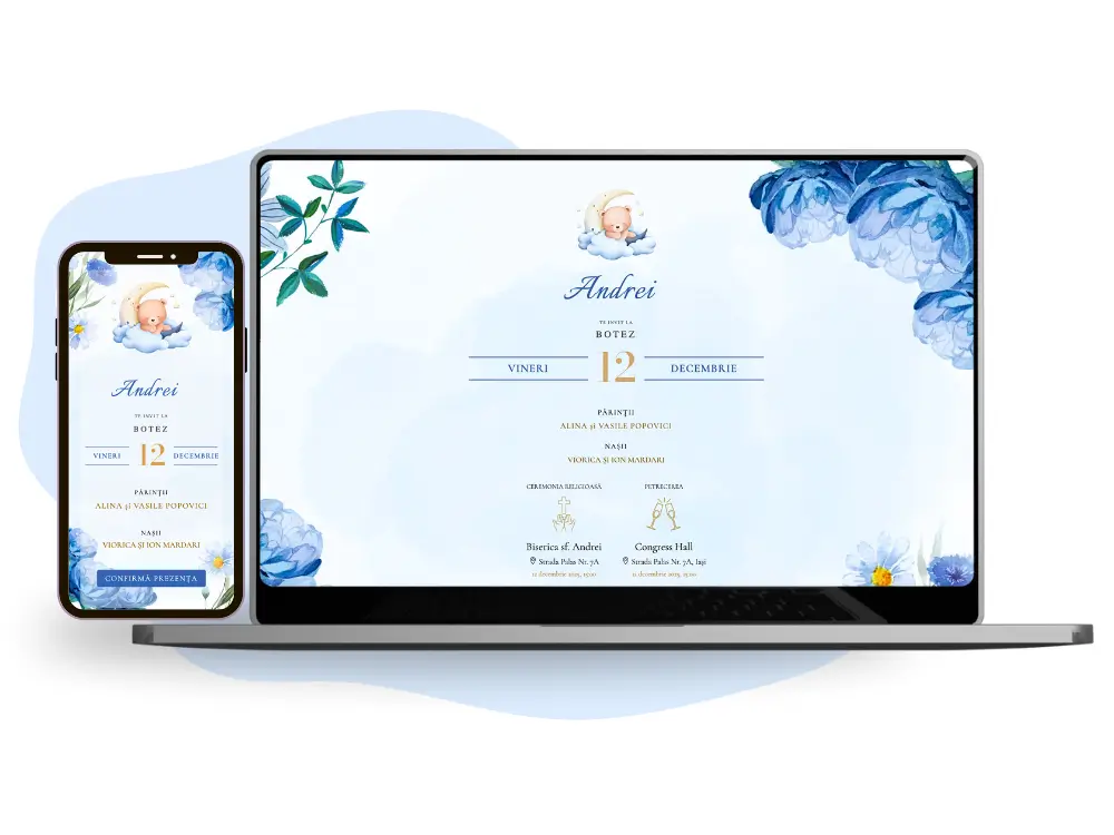 Invitație de botez online pentru băieței cu tematică albastră, ursuleț, stele și lună.