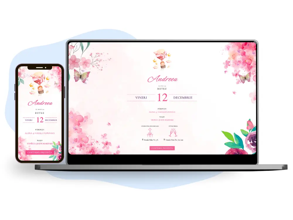 Invitație de botez online pentru fetițe cu tematică roz cu fluturași și balon cu aer cald.