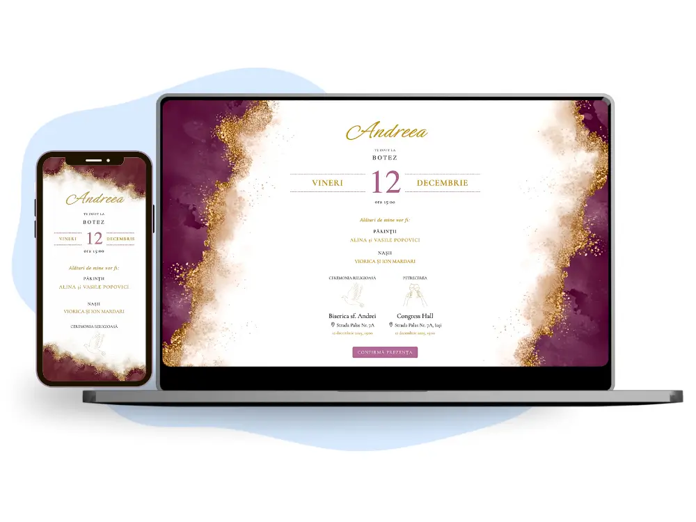 Invitație de botez online cu tematică elegantă și luxuriantă.