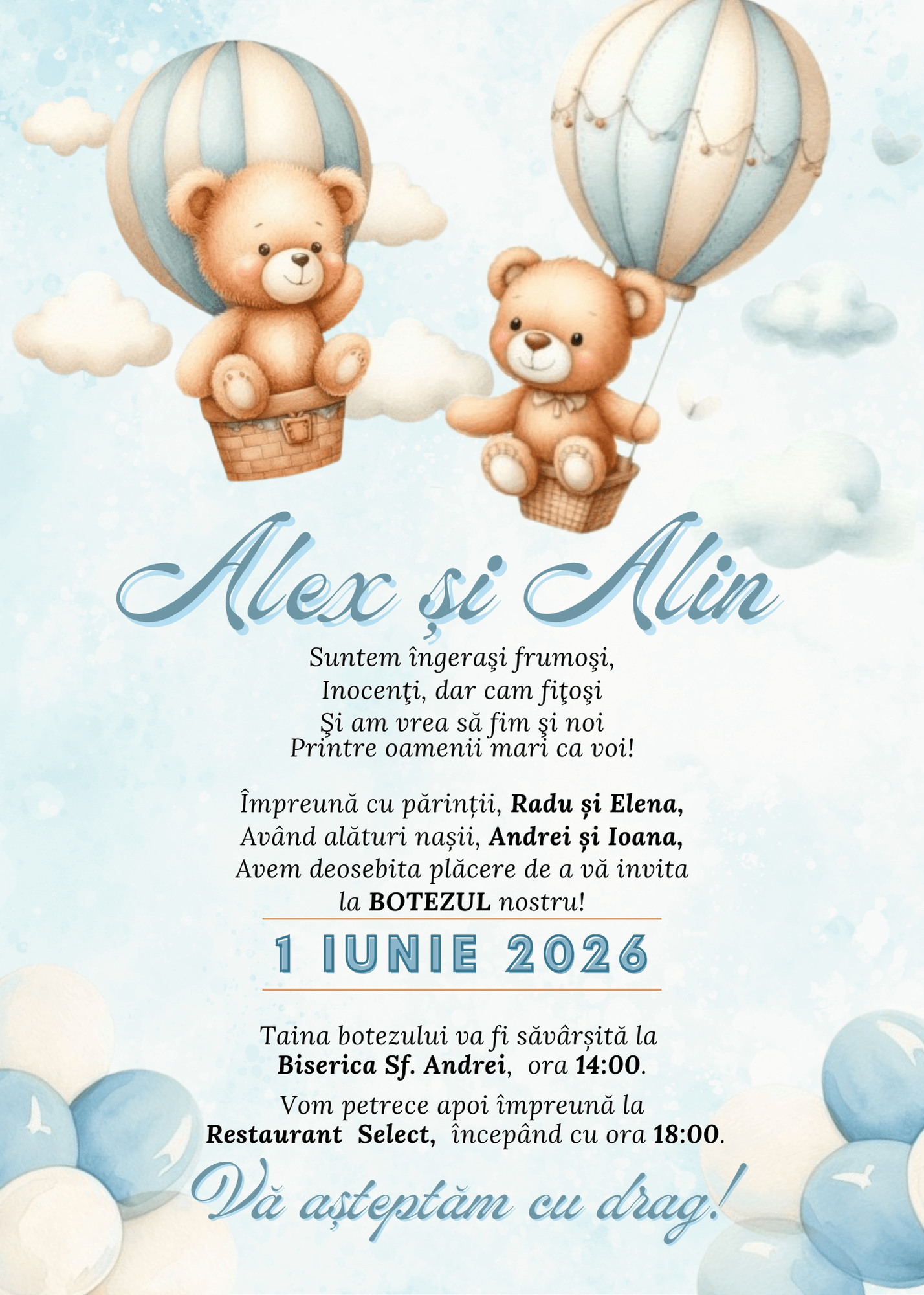 Invitație Digitală Botez Gemeni Model 1