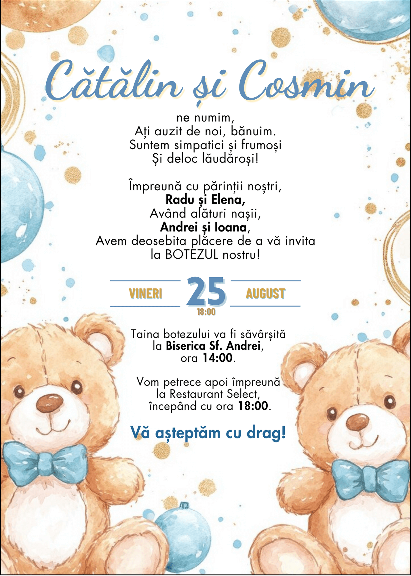 Invitație Digitală Botez Gemeni Model 10