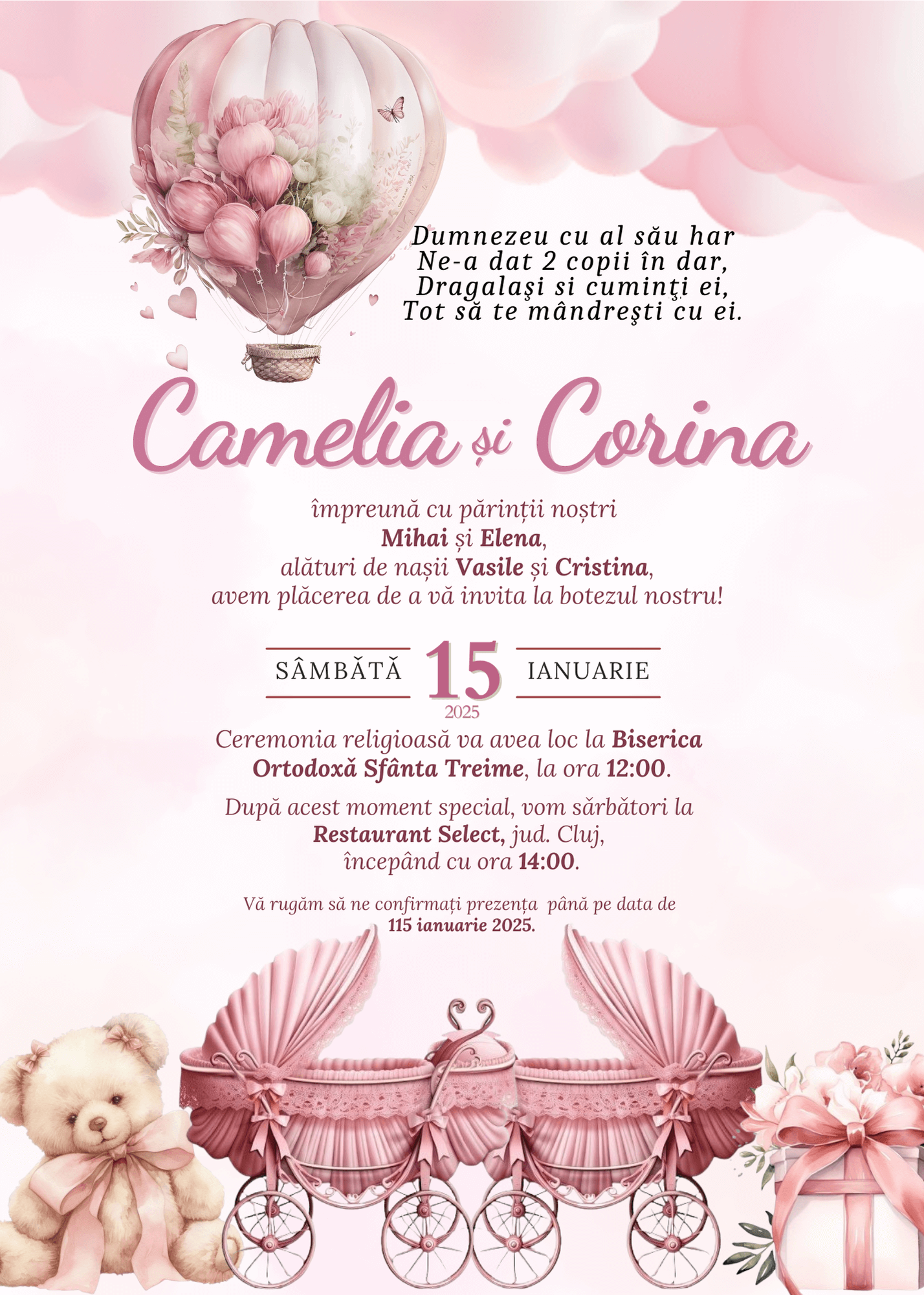 Invitație Digitală Botez Gemeni Model 11