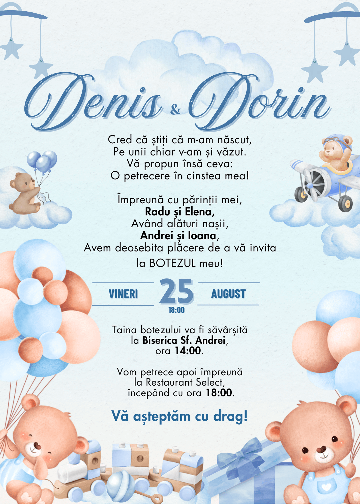 Invitație Digitală Botez Gemeni Model 12