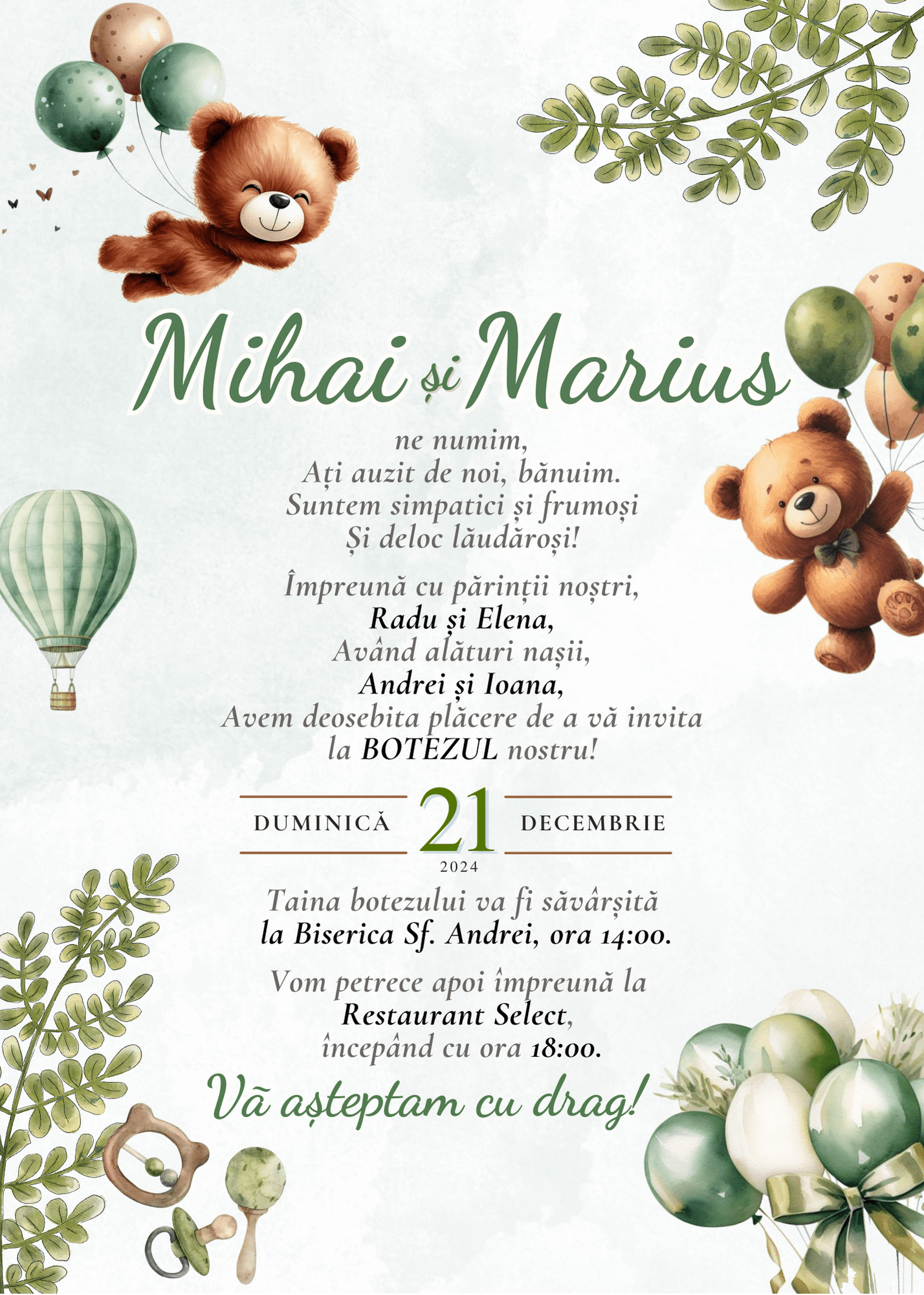 Invitație Digitală Botez Gemeni Model 16