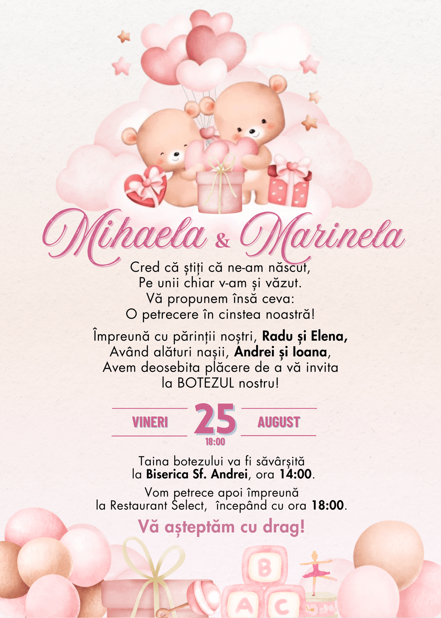 Invitație Digitală Botez Gemeni Model 2