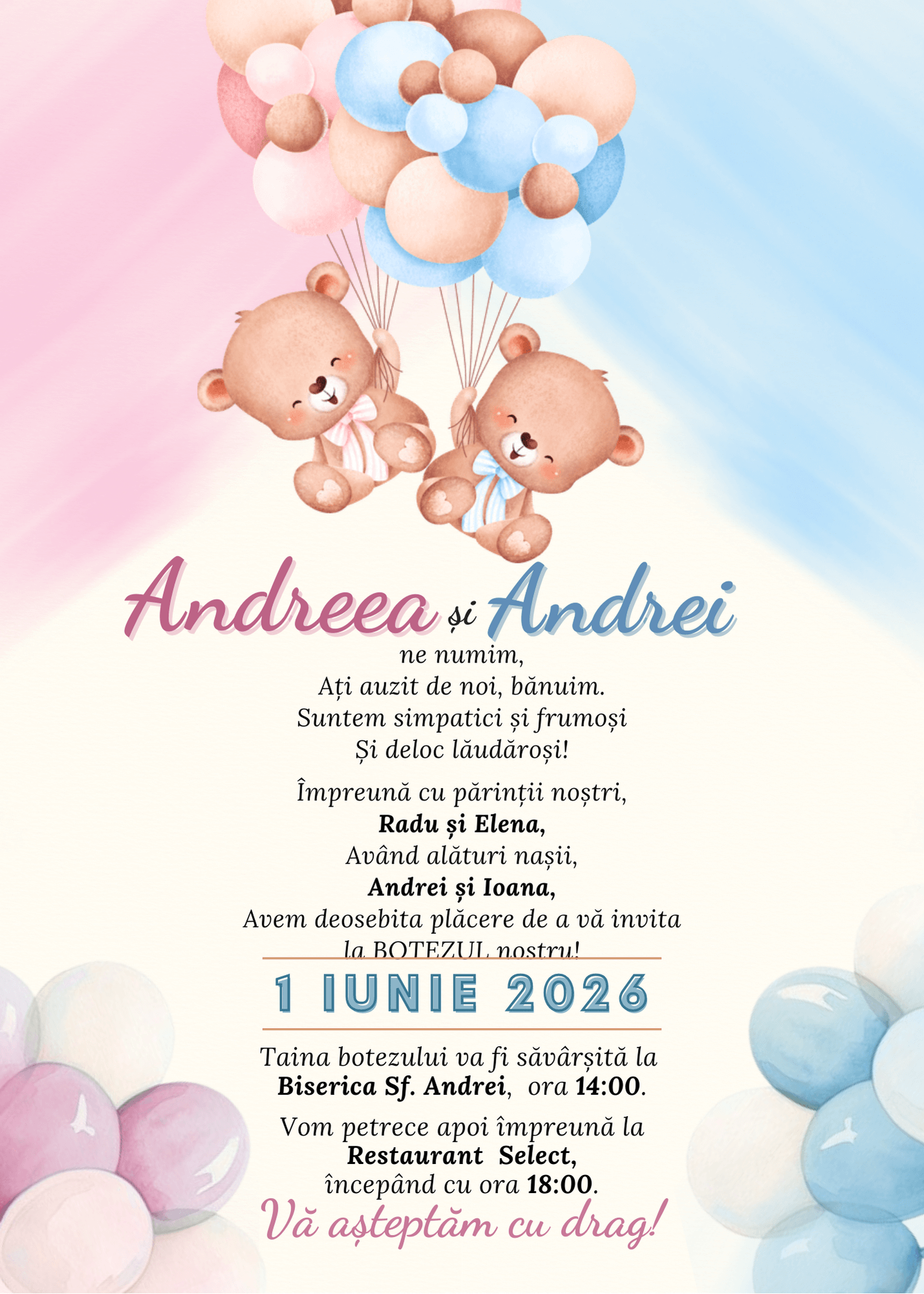 Invitație Digitală Botez Gemeni Model 3