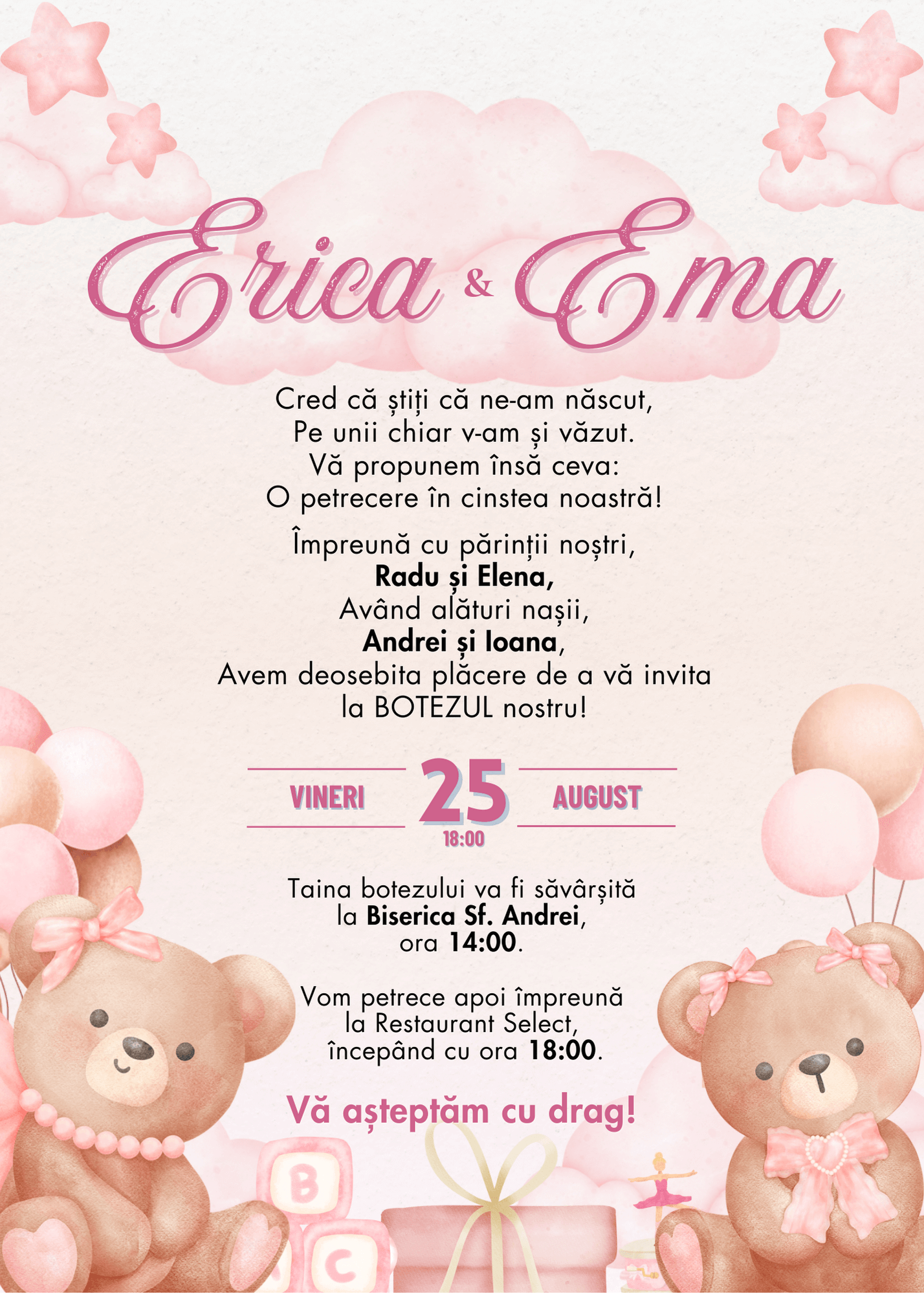 Invitație Digitală Botez Gemeni Model 5