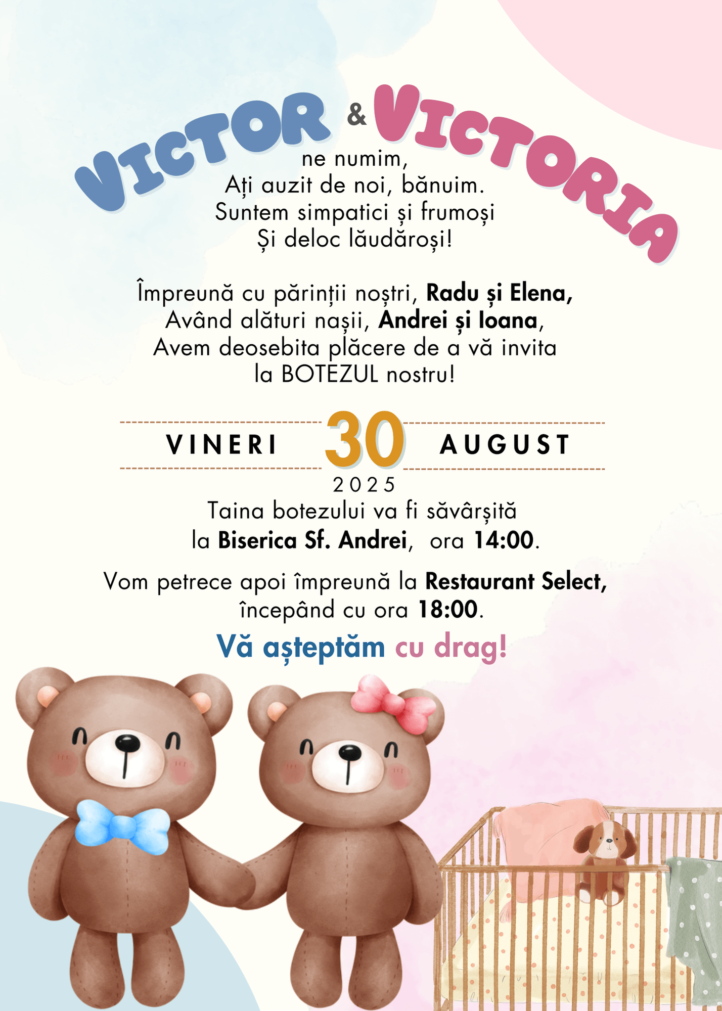 Invitație Digitală Botez Gemeni Model 6