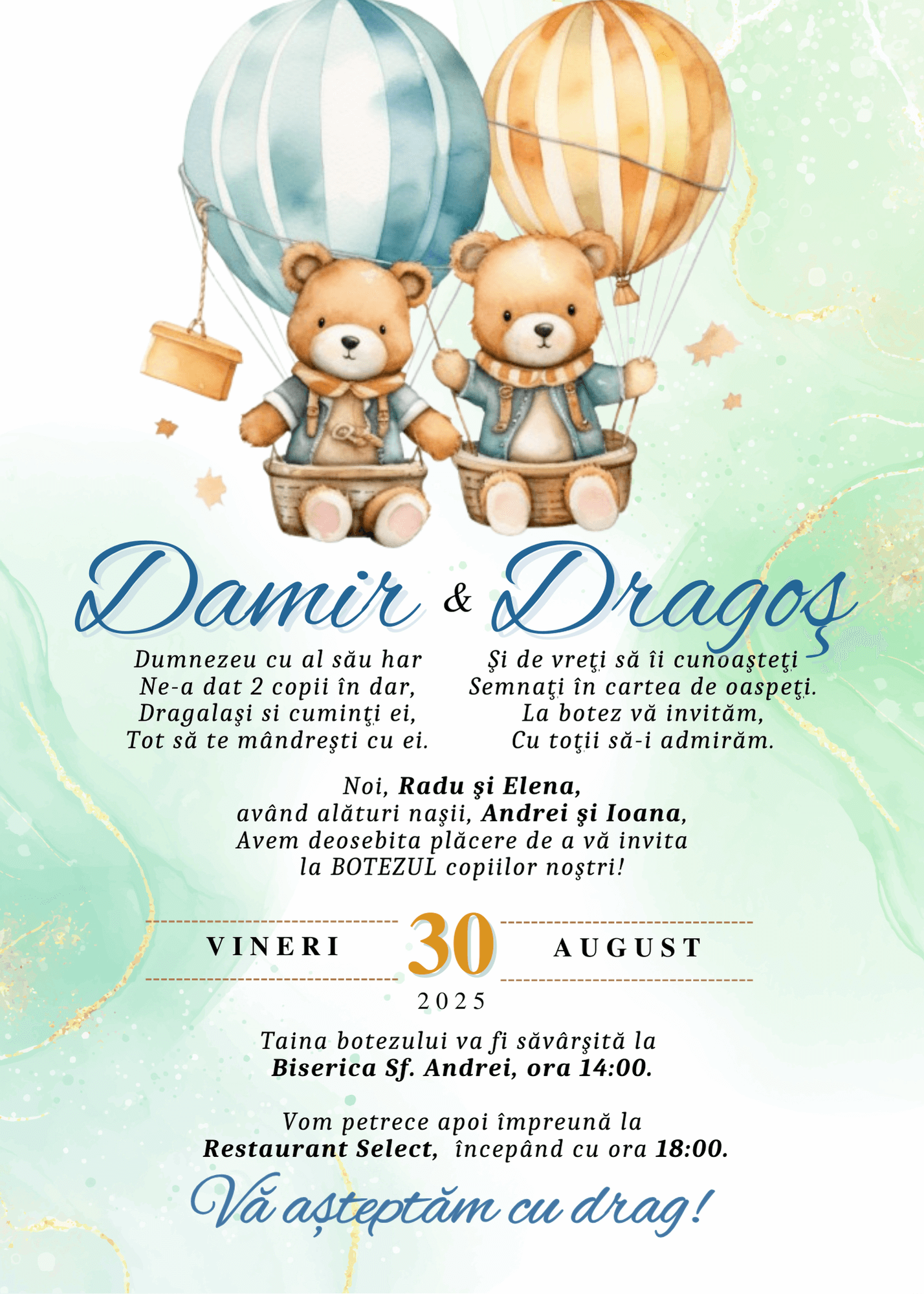 Invitație Digitală Botez Gemeni Model 7