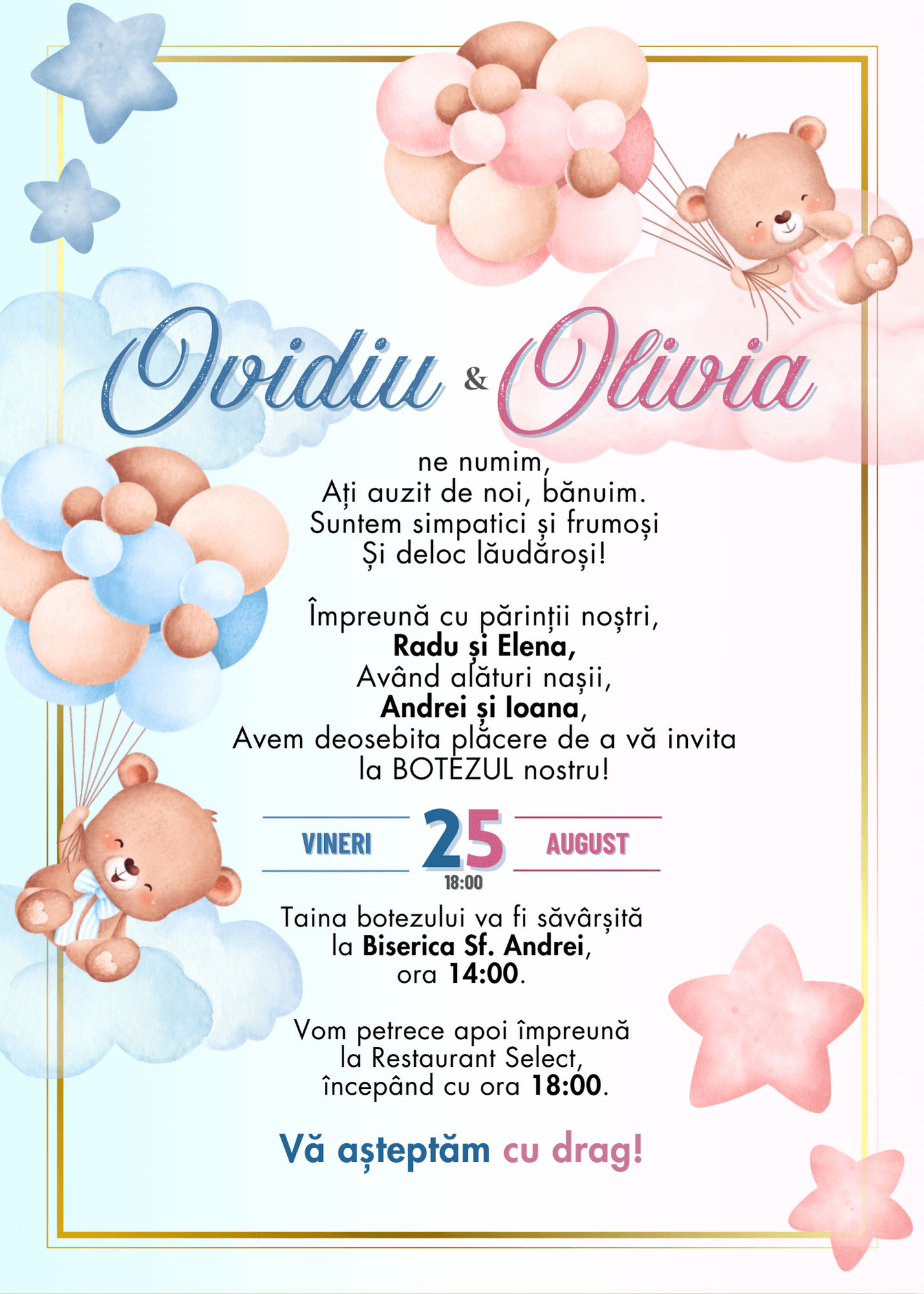 Invitație Digitală Botez Gemeni Model 8