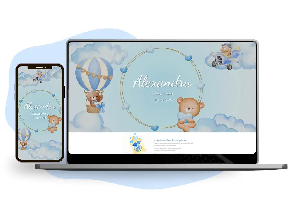 Invitație de botez online pentru băieței cu tematică albastră, ursuleț, nori și avion.
