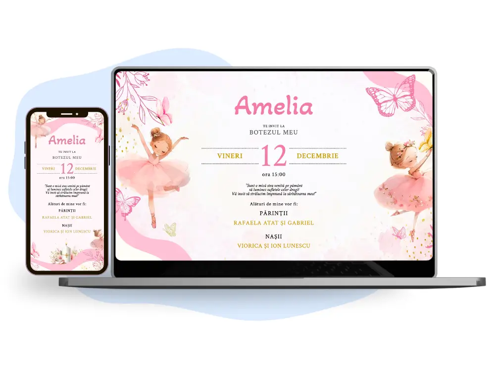 Invitație de botez online cu tematică fluturași roz și balerine.