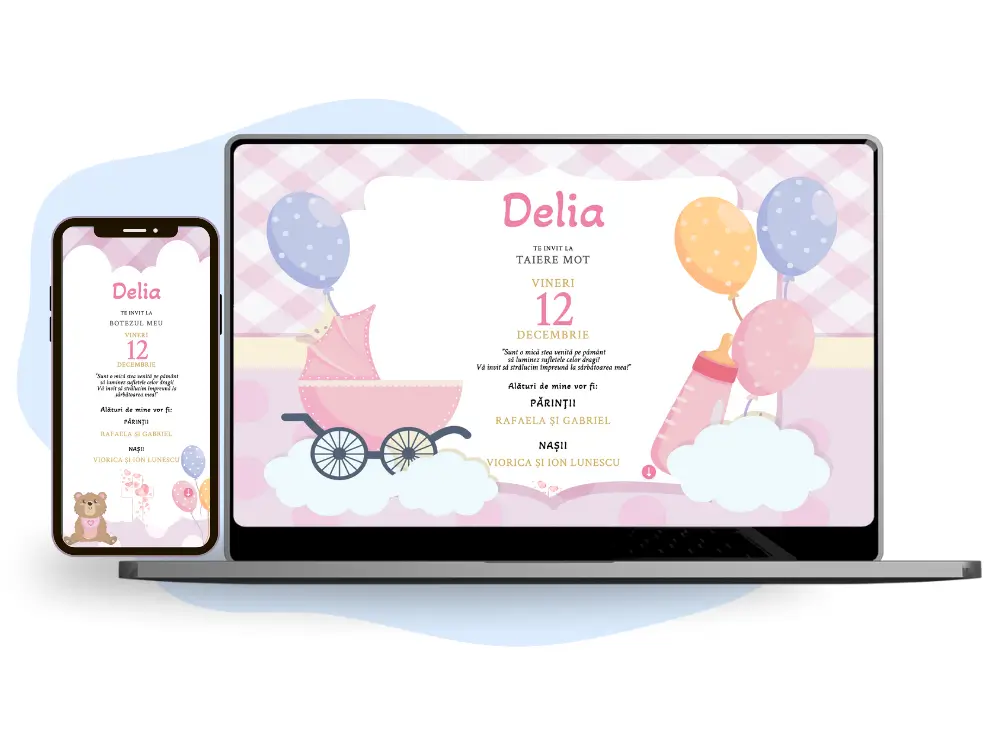 Invitație de botez online cu tematică bebeluși.