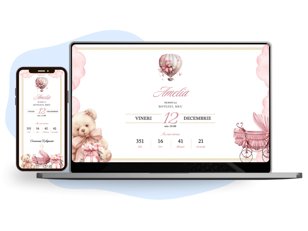 Invitație de botez online cu tematică balon roz cu aer cald.