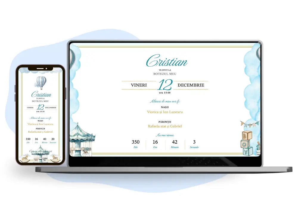 Invitație de botez online pentru băieței cu tematică albastră carusel.