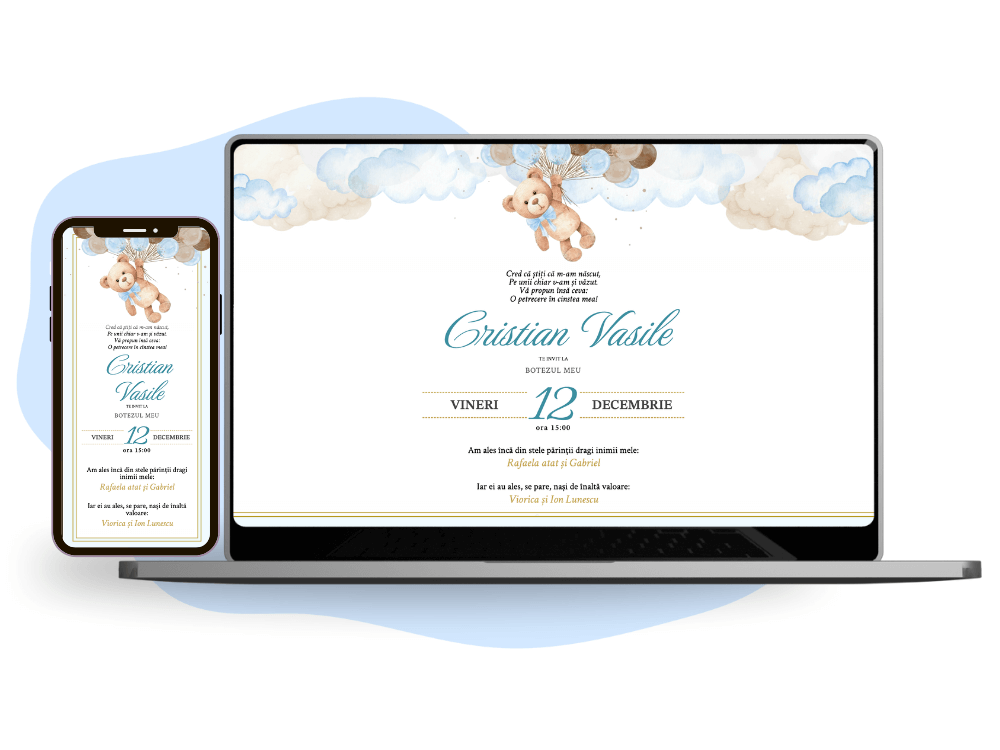 Invitație de botez online pentru băieței cu tematică ursuleț și balonașe.