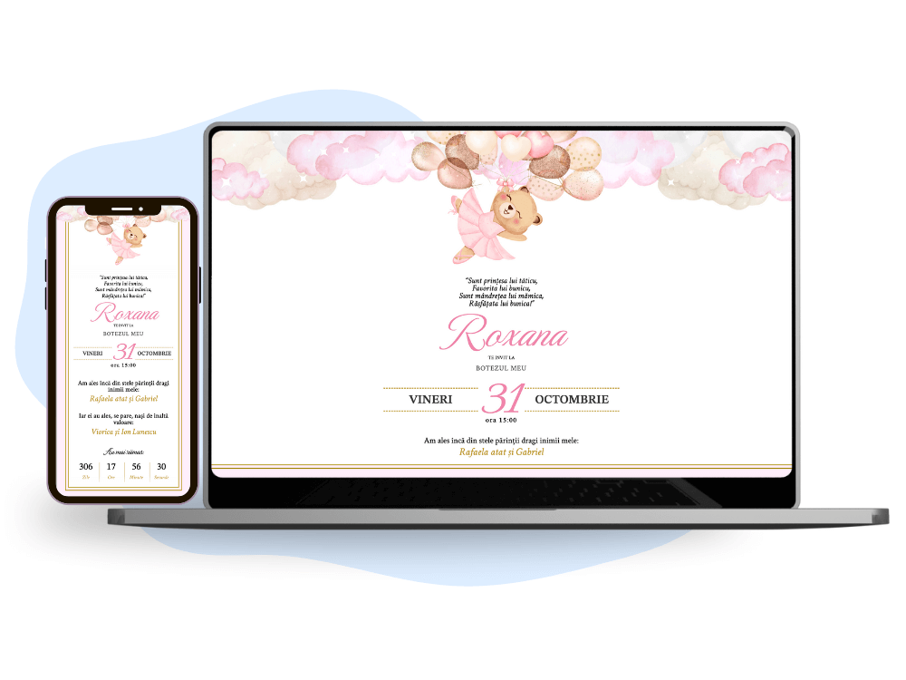 Invitație de botez online cu tematică ursuleț cu balonașe.