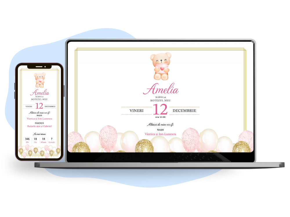 Invitație de botez online cu tematică ursuleți.