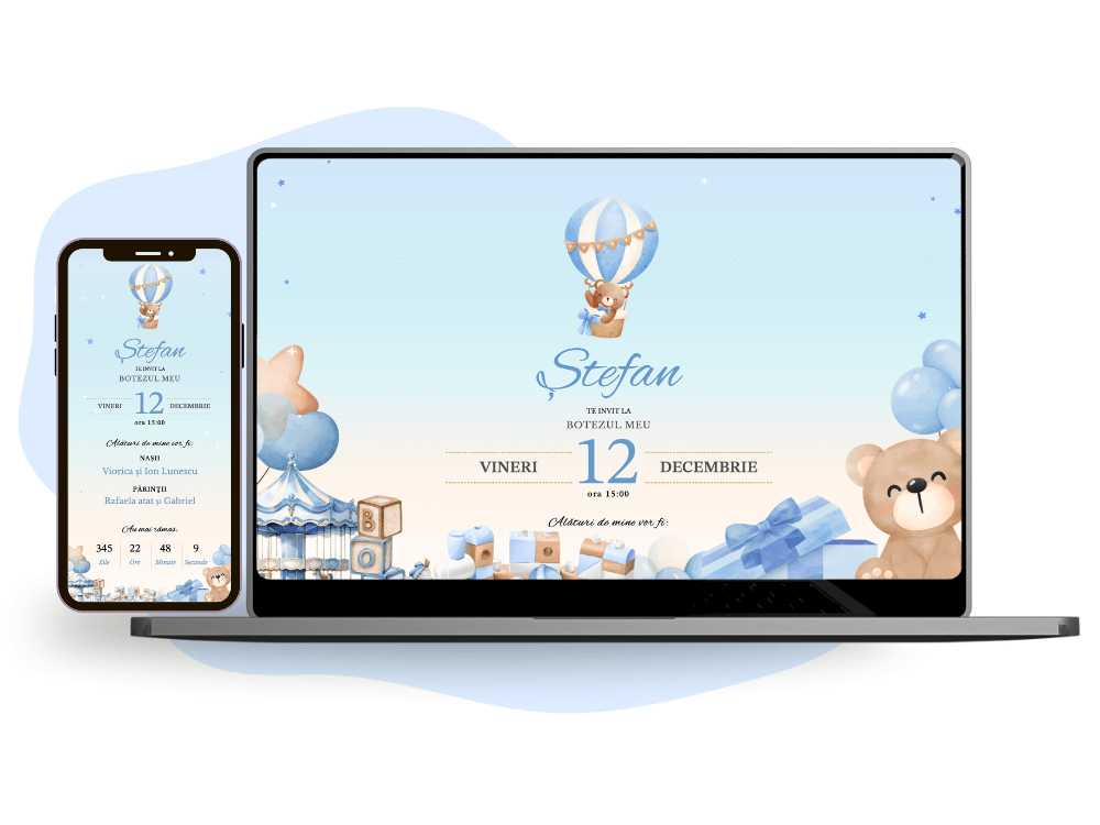 Invitație de botez online cu tematică balon cu aer cald.