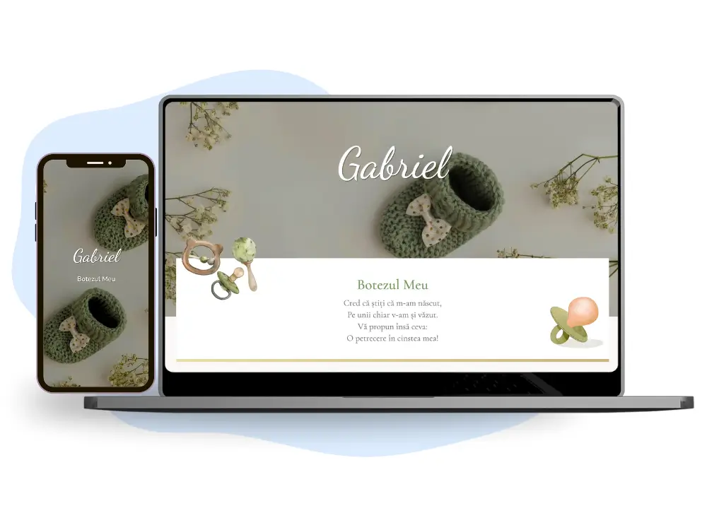 Invitație de botez online pentru fete și băieti cu tematică verde, jucării de copii.